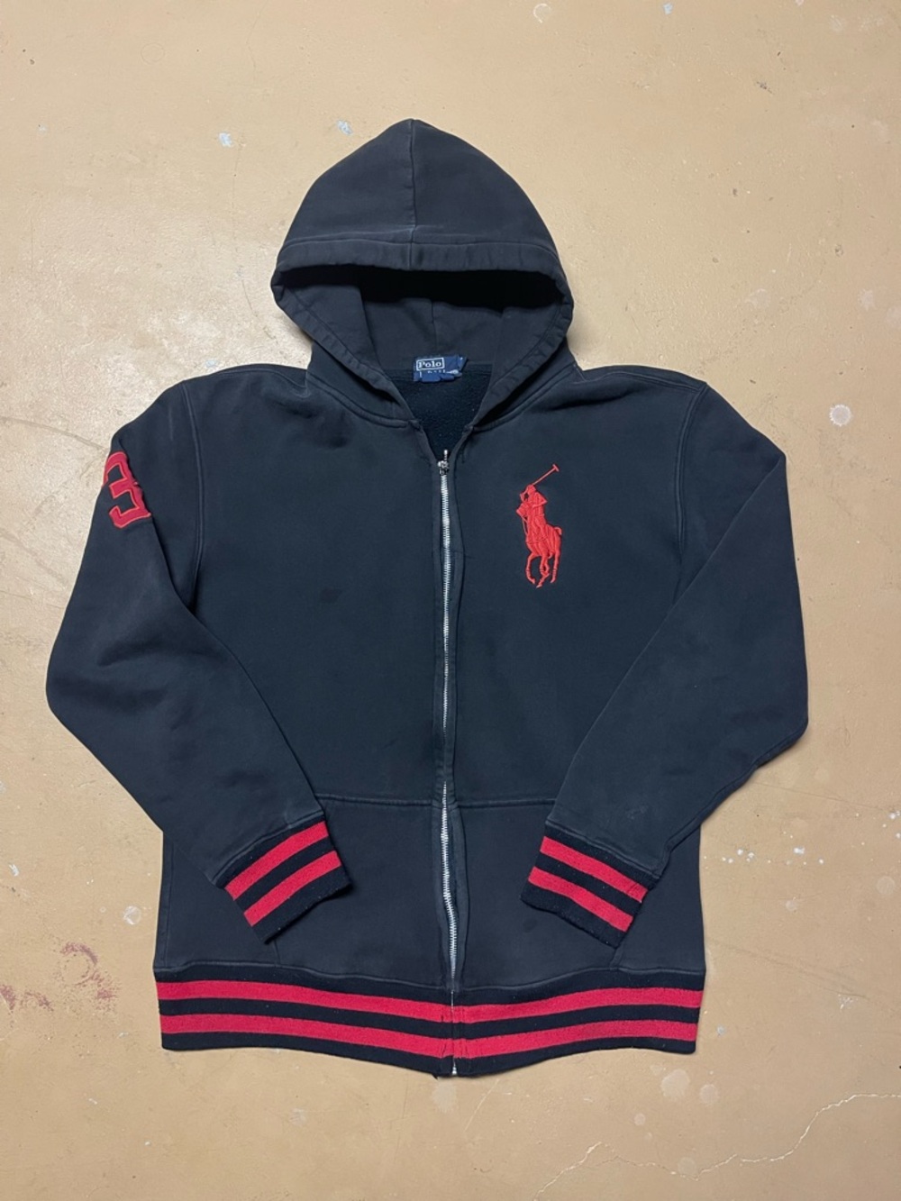 Vintage Polo Ralph Lauren Black Zip Hoodie with Red Pony Striped Cuffs XL fits L
